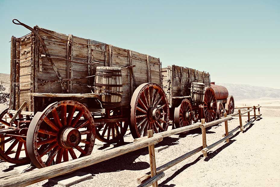Twenty mule team wagon at the Harmony Borax Works in Death Valley