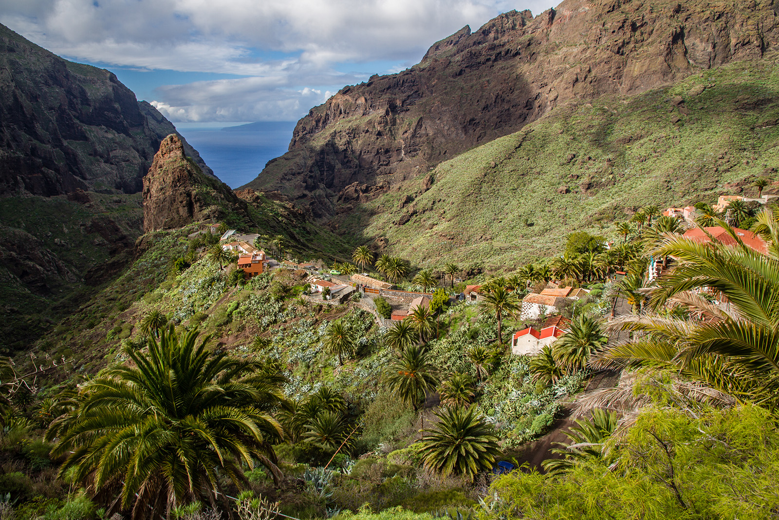 Row of houses along a mountain with grassy patches