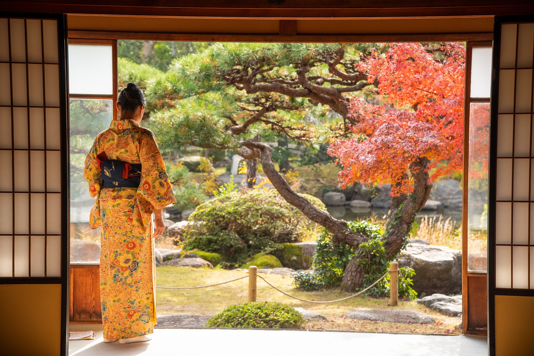 Woman wearing a Japanese yukata looking out to a garden