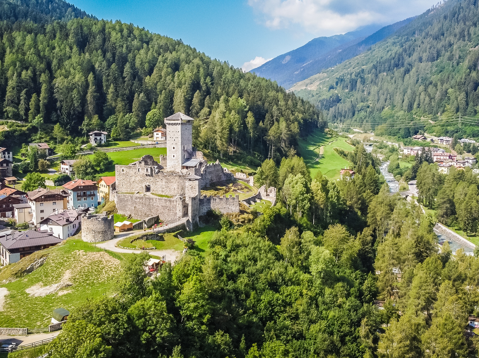 Large, stone castle with a large forest surrounding it