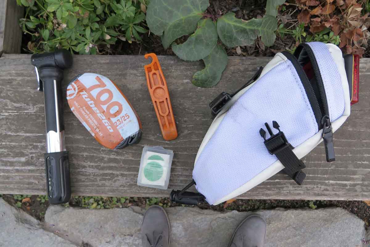 Tube, pump, tire lever and patch kit in a seat bag