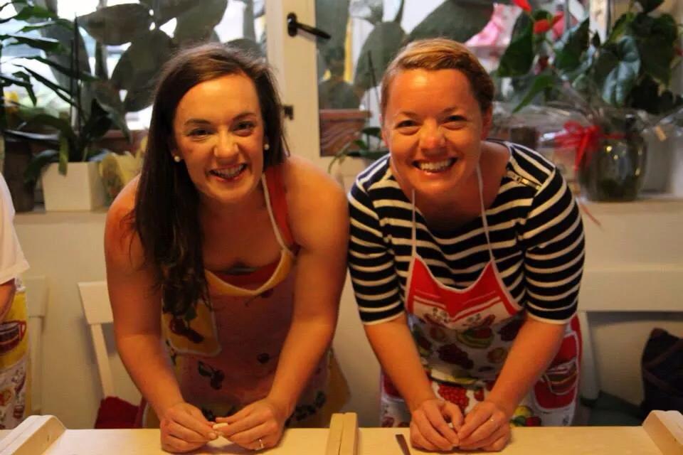 Kate and Collier Lumpkin making pasta at La Taverna del Duca in Puglia, Italy
