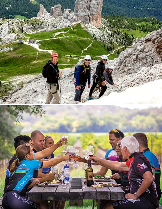 Two stacked images, one of climbers on a trail and another of bikers sitting around a picnic table
