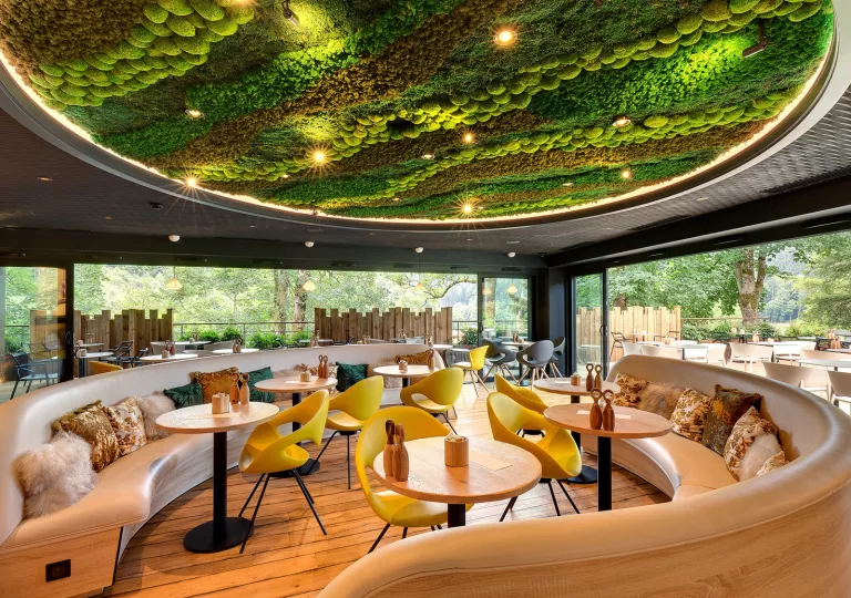 Wide lounge area with circular sofas, and green plants on the ceilings