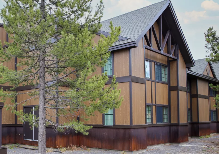Exterior view of brown hotel building with a tree in front