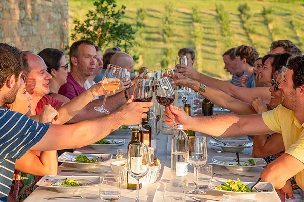 People toasting outside next to a vineyard