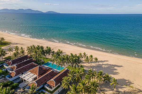 beachside hotel surrounded by palm trees