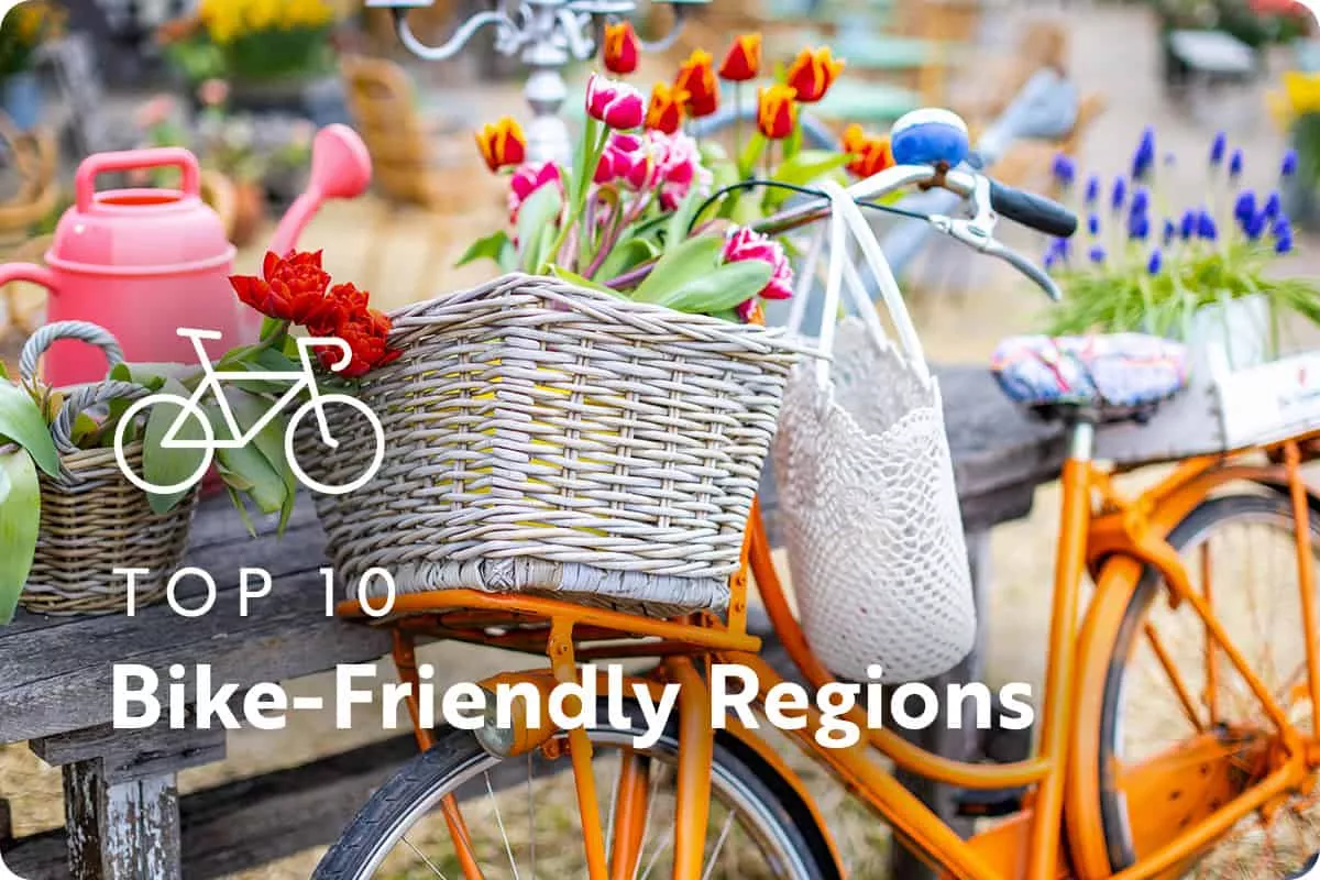 text: top 10 bike friendly regions; image: bike with tulips in its basket