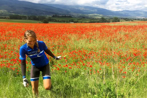 Young guest walking through red-flower meadow.