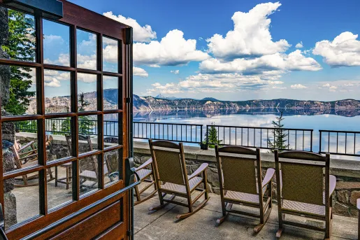 Wide shot of the view at The Crater Lake Lodge.