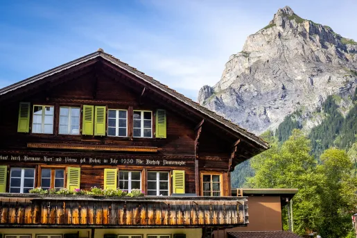 View of hotel and mountain in background.