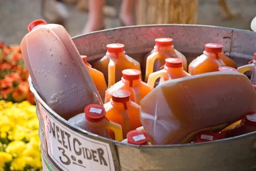 Shot of sweet apple cider cartons.
