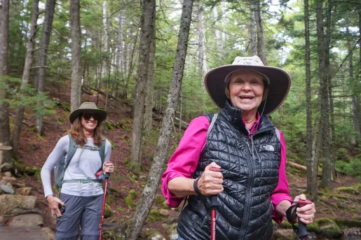 Two guests hiking over thin forest bridge.