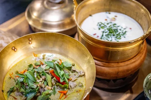 Gold bowls of food