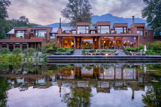 hotel on the river at dusk