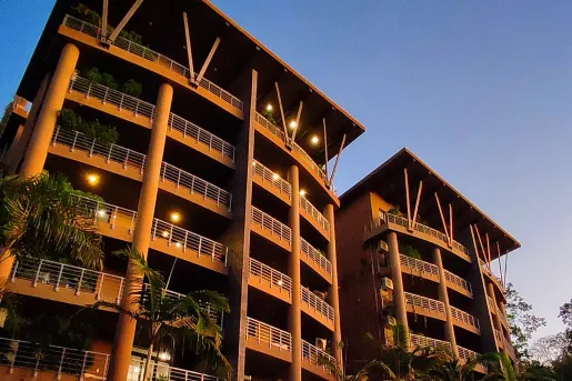 tall hotel building with balconies