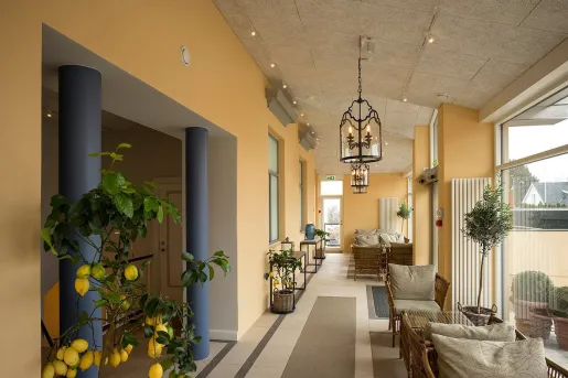 Hallway with tables and chairs and a lemon tree between two blue pillars