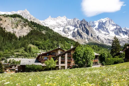 chalet style hotel nestled in the mountains