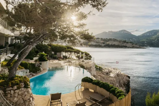 Outdoor infinity pool surrounded by trees, looking out to a large, open lake