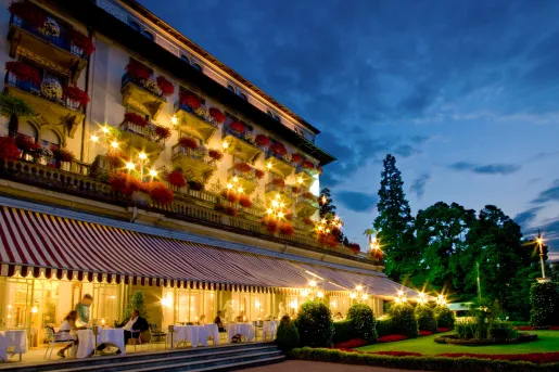 hotel lit up at night