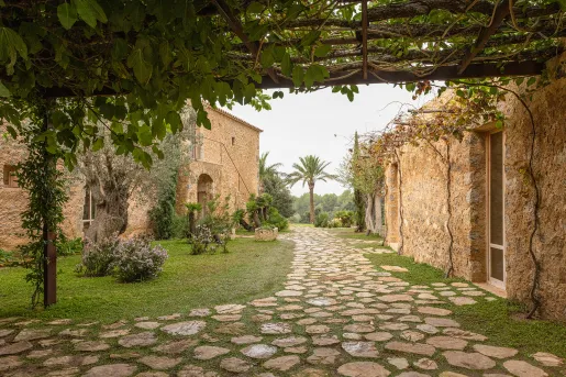 Stone alleyway between two orange, stone buildings