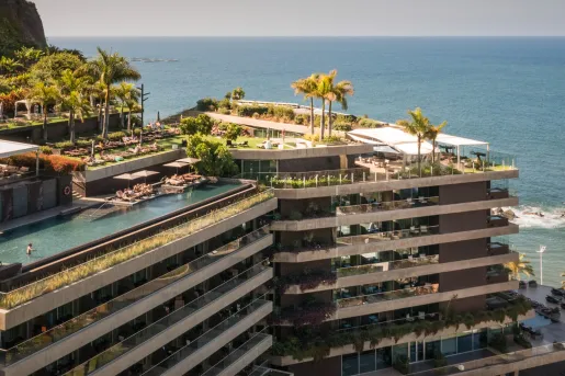 Top-down view of hotel with multiple balconies