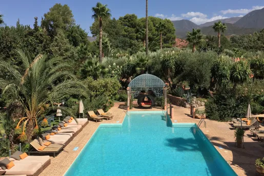 Outdoor pool with cushioned reclining chairs, surrounded by trees
