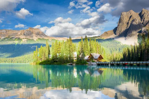 Cabin surrounded by a large lake and tall trees