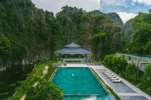 Outdoor pool surrounded by a thick forest