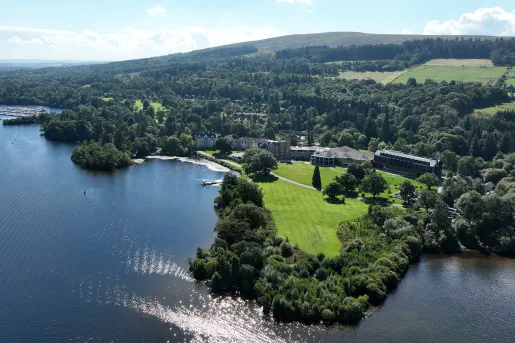 Sky view of grass field with tall trees, and a lake to the left