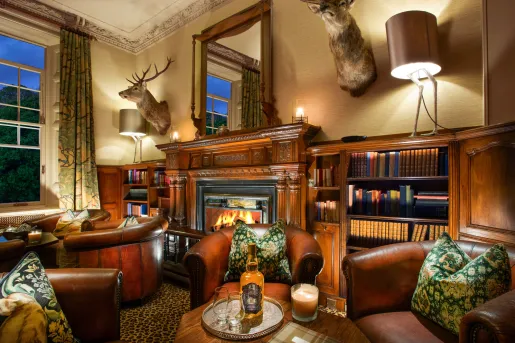 Library and lounge with leather chairs and a fireplace in the background