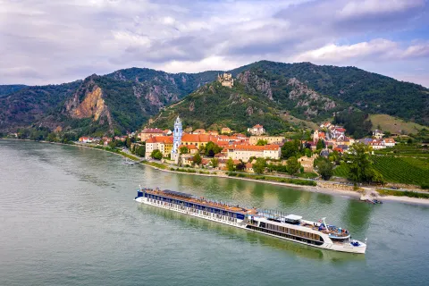 Aerial view of the Amareina cruise ship on the Danube river.
