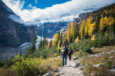 Two hikers descending down a gravel trail towards trees and mountains