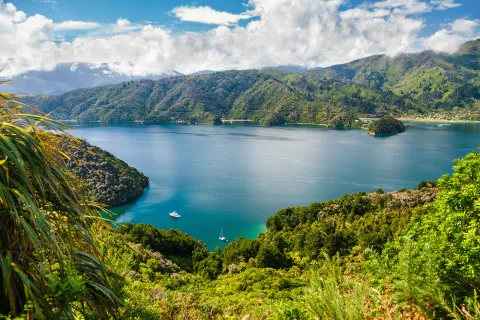 Mountainside view of ocean with boats near the coast