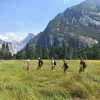 Guests hiking through grassy field, mountains in background.