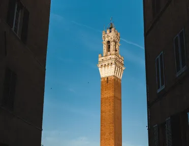 Shot of alleyway, clock tower.