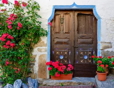 Shot of old housefront, red flowers, wooden door.