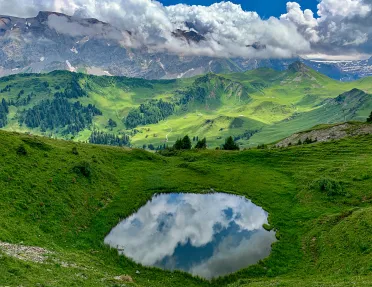 Wide shot of green, hilly, mountainous vista, small pool in foreground.