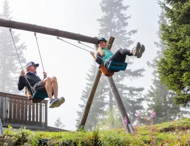 two backroads guests on a swingset