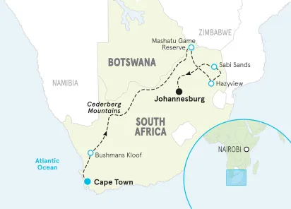 South Africa & Botswana Family Active Safari map
