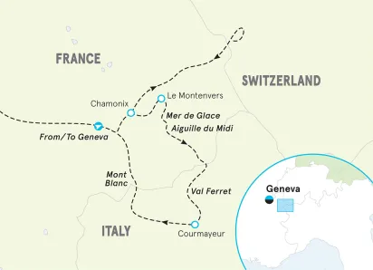Italian, French & Swiss Alps Women's Walking and Hiking Tour map