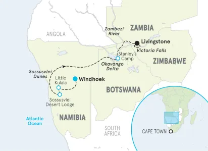 Namibia, Botswana & Zambia Active Safari Tour Map