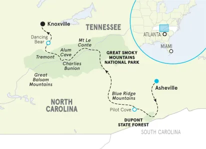 Blue Ridge & Great Smoky Mountains Women's Hiking & Walking Tour Map